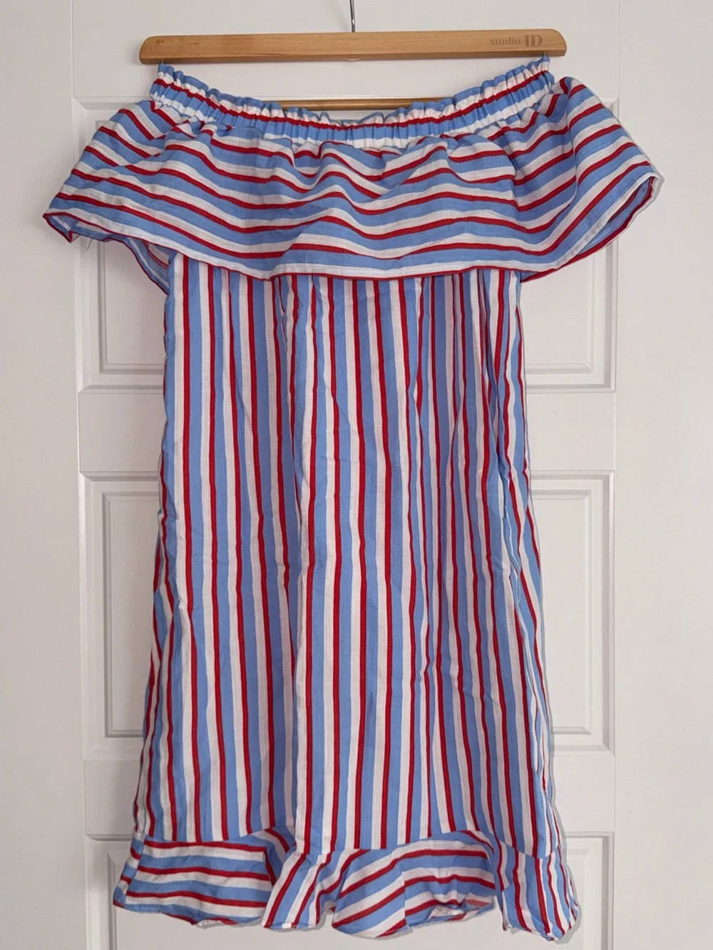 Jade Off-Shoulder Striped Dress in Blue & Red
